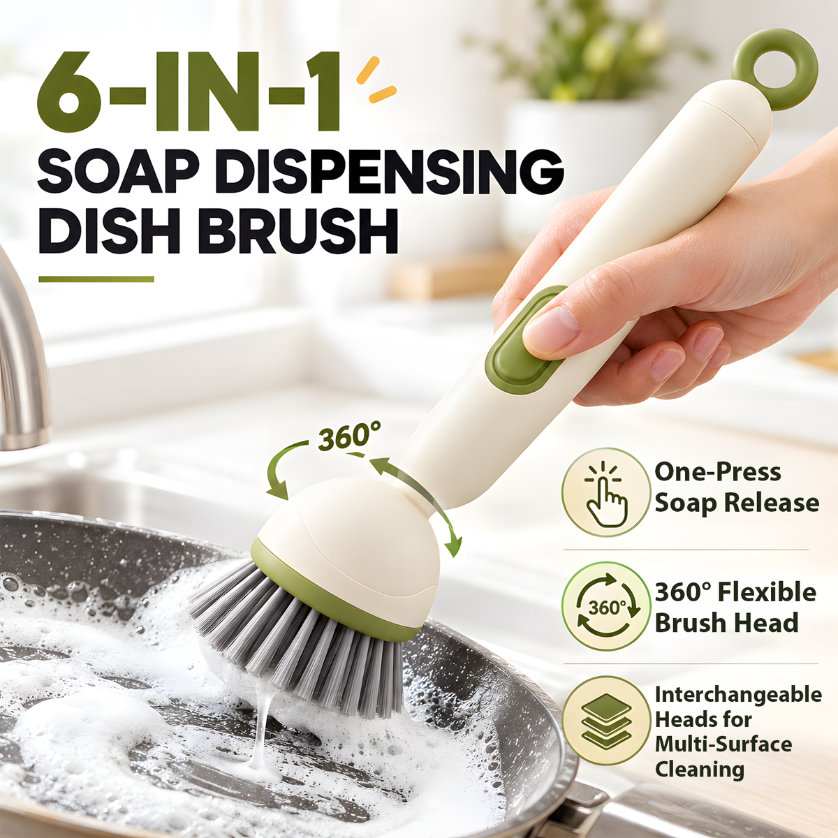 360° Rotating Soap Dispensing Dish Brush with Interchangeable Heads