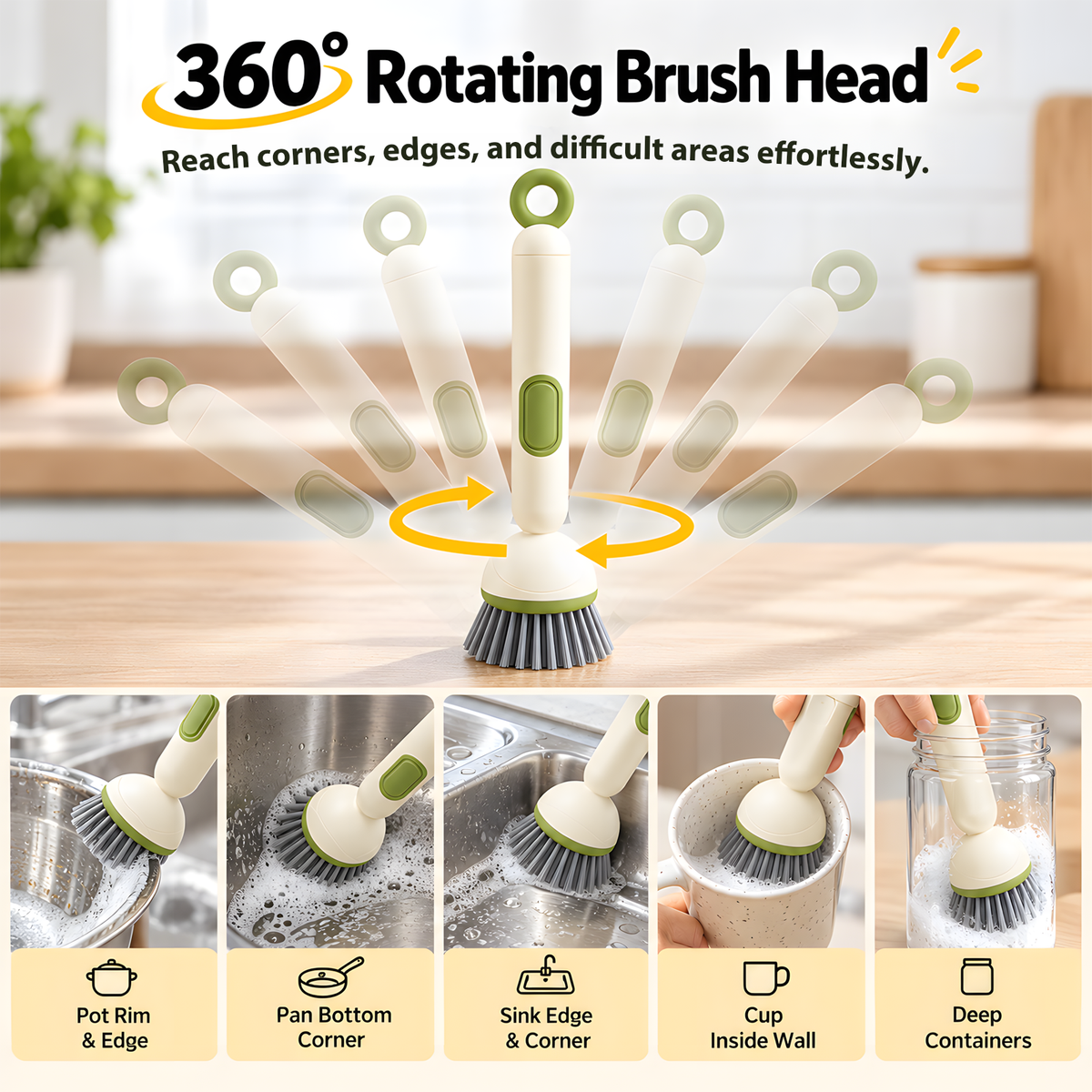 🎁✨👉360° Rotating Soap Dispensing Dish Brush with Interchangeable Heads